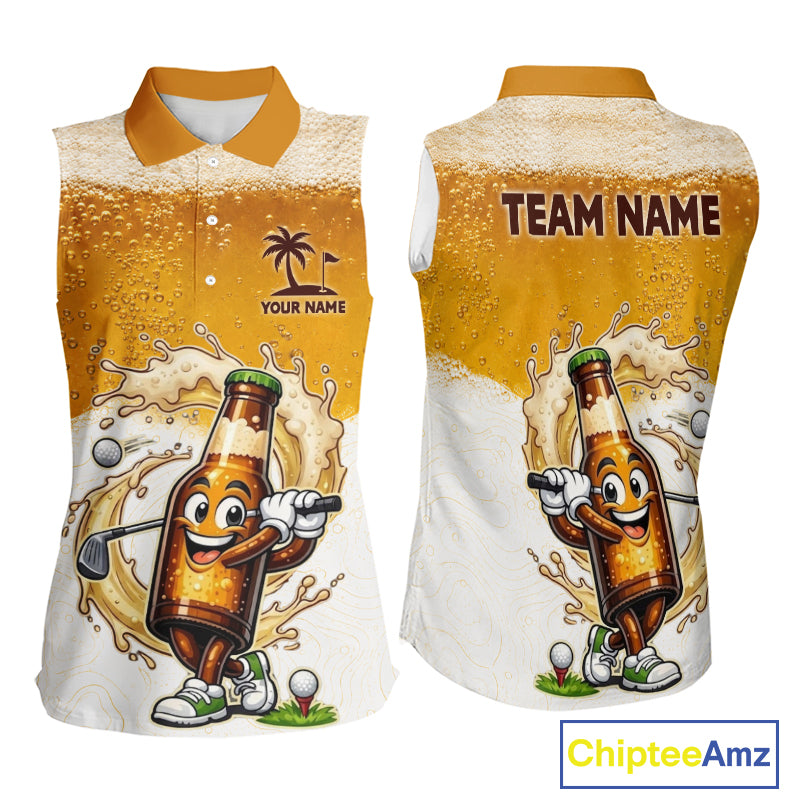 back view of beer bottle golfer design on womens beer sleeveless golf polo shirt