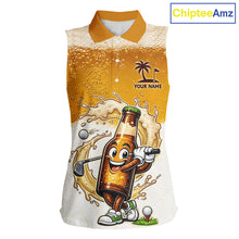 Load image into Gallery viewer, front view of womens sleeveless custom beer golf polo shirt with funny beer bottle golfer print