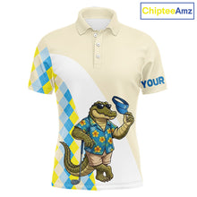 Load image into Gallery viewer, Funny alligator Hawaiian mens short sleeve  golf polo shirt with argyle pattern - front view