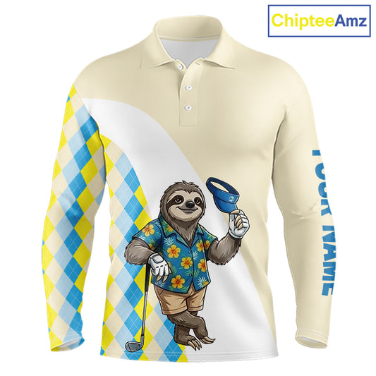 Funny sloth Hawaiian mens long sleeve golf polo shirt with argyle pattern - front view