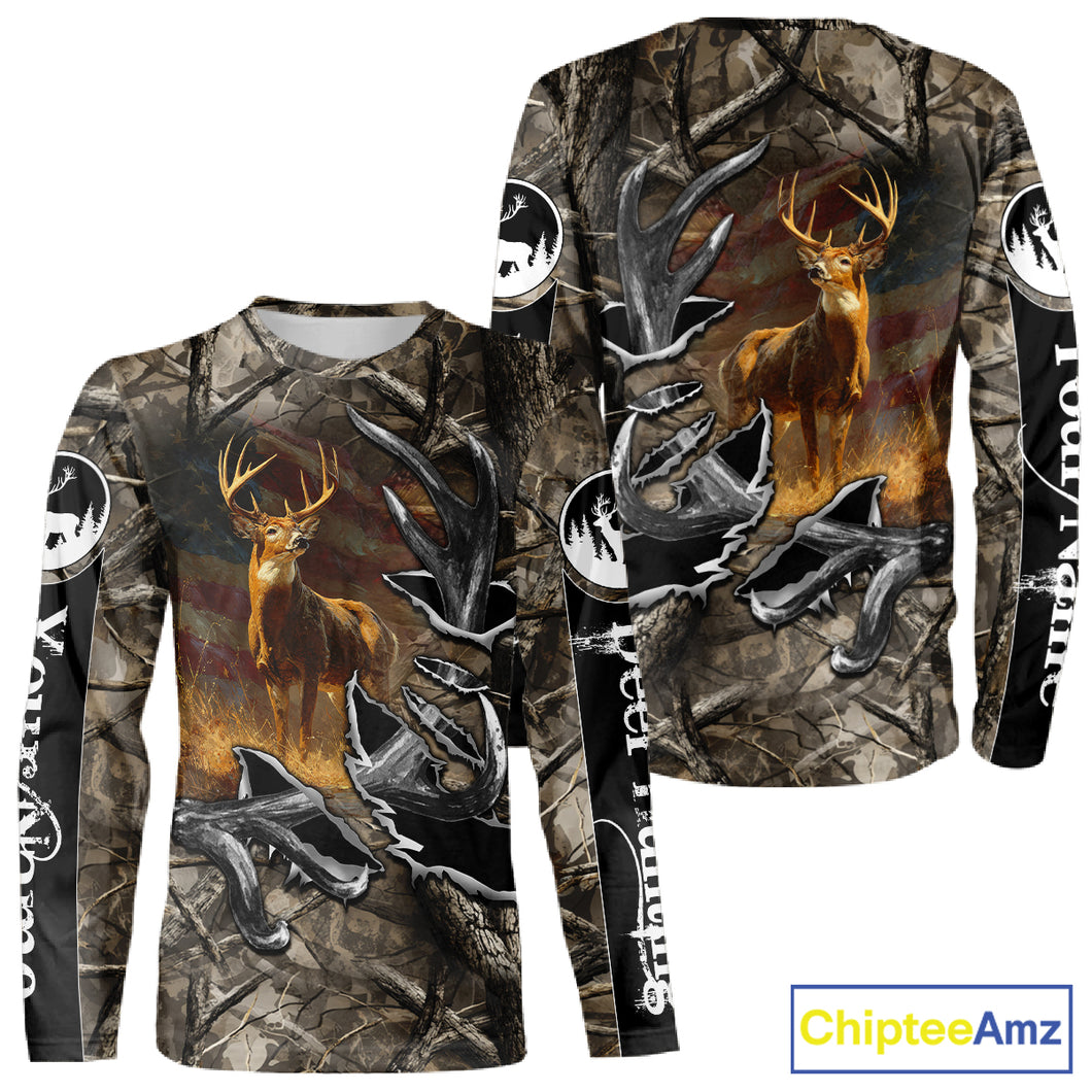American Flag Camo Deer Hunting Shirts with Antler for Men, Hunting Gift Ideas for Hunters NBT46
