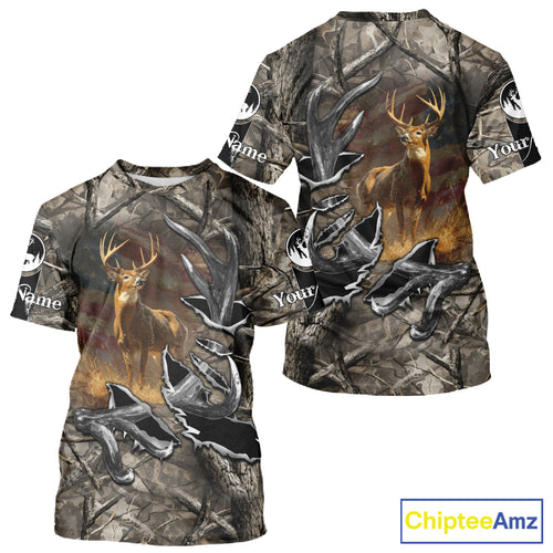 American Flag Camo Deer Hunting Shirts with Antler for Men, Hunting Gift Ideas for Hunters NBT46