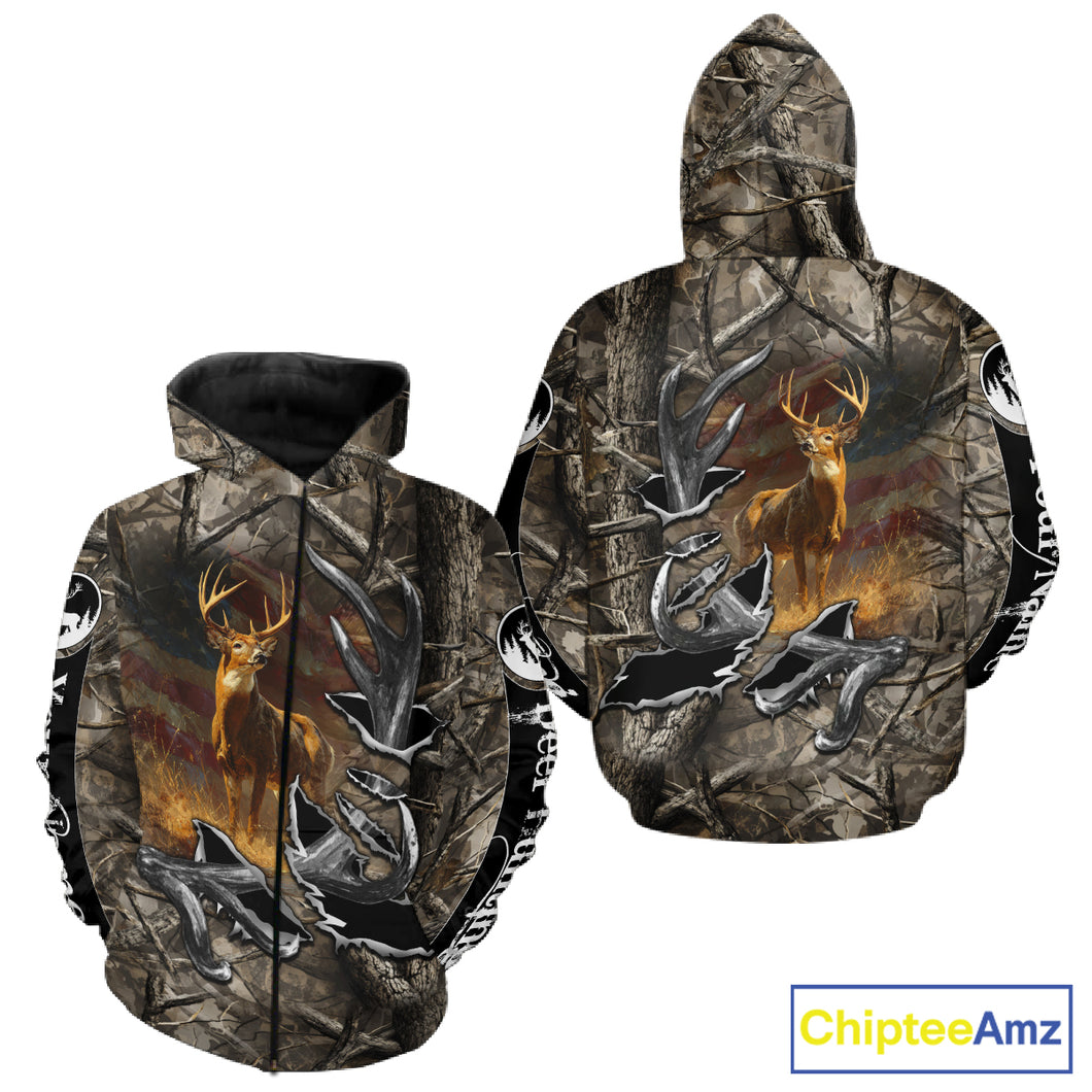 American Flag Camo Deer Hunting Shirts with Antler for Men, Hunting Gift Ideas for Hunters NBT46