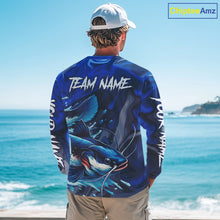Load image into Gallery viewer, Model wearing Catfish Fishing Jersey Custom Name long sleeve camo catfish fishing shirt for team, UPF 30+ long sleeve fishing shirt on the boat