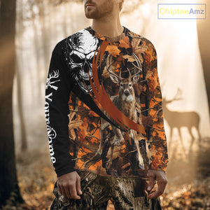 Deer Hunting Orange Camouflage Skull 3D Custom Name Shirts, Camouflage Deer Hunting Gifts NBT238