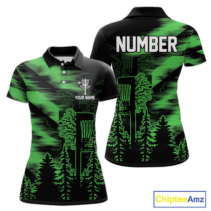 Womens Disc Golf Polo Shirt Custom Name Green Disc Golf Basket, Personalized Disc Golf Shirts NBT647