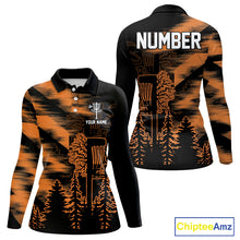 Load image into Gallery viewer, Womens Disc Golf Polo Shirt Custom Name Orange Disc Golf Basket, Personalized Disc Golf Shirts NBT648