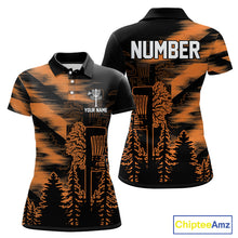 Load image into Gallery viewer, Womens Disc Golf Polo Shirt Custom Name Orange Disc Golf Basket, Personalized Disc Golf Shirts NBT648