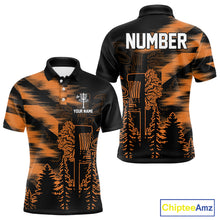 Load image into Gallery viewer, Mens Disc Golf Polo Shirt Custom Name Orange Disc Golf Basket, Personalized Disc Golf Shirts NBT648