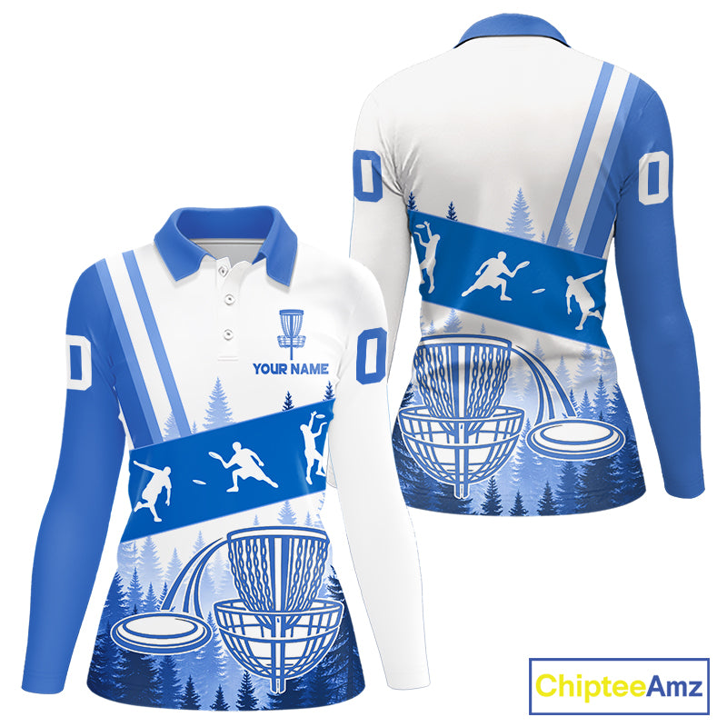 Womens Disc Golf Polo Shirts Blue Camo Custom Name Disc Golf Team Shirts, Disc Golf Gifts NBT653