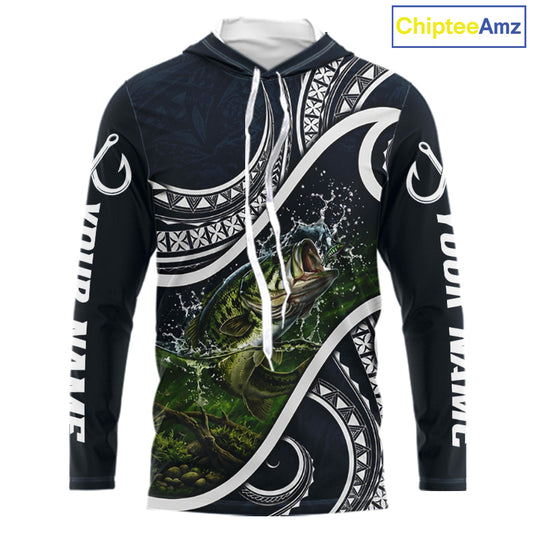 Front view of blue tribal pattern custom largemouth bass long sleeve hooded fishing shirt