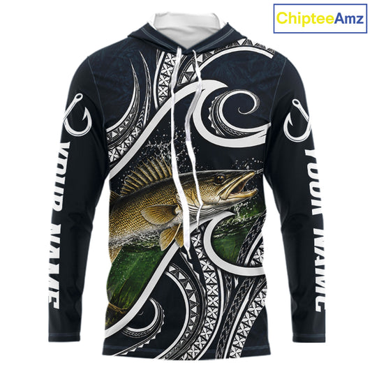 Front view of blue tribal pattern custom walleye long sleeve hooded fishing shirt
