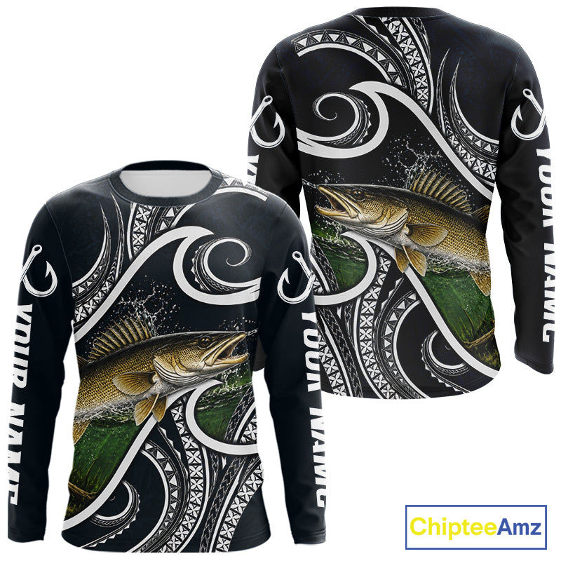 Front and back view of blue tribal pattern custom walleye long sleeve fishing shirt for team anglers