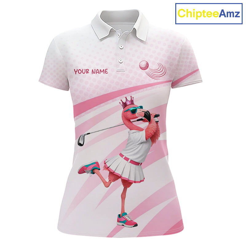 Funny Pink Flamingo Golf Polo Shirt For Women Custom Flamingo Golfer Pattern Golf Shirts, Golf Attire NBT518