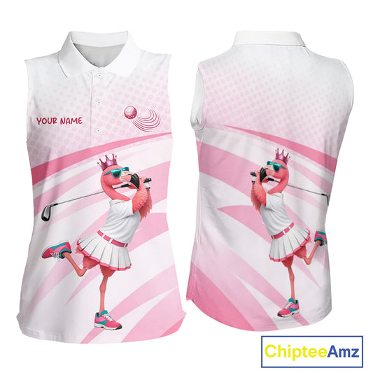 Funny Pink Flamingo Sleeveless Golf Polo Shirt For Women Custom Flamingo Golfer Pattern Golf Shirts, Golf Attire NBT518