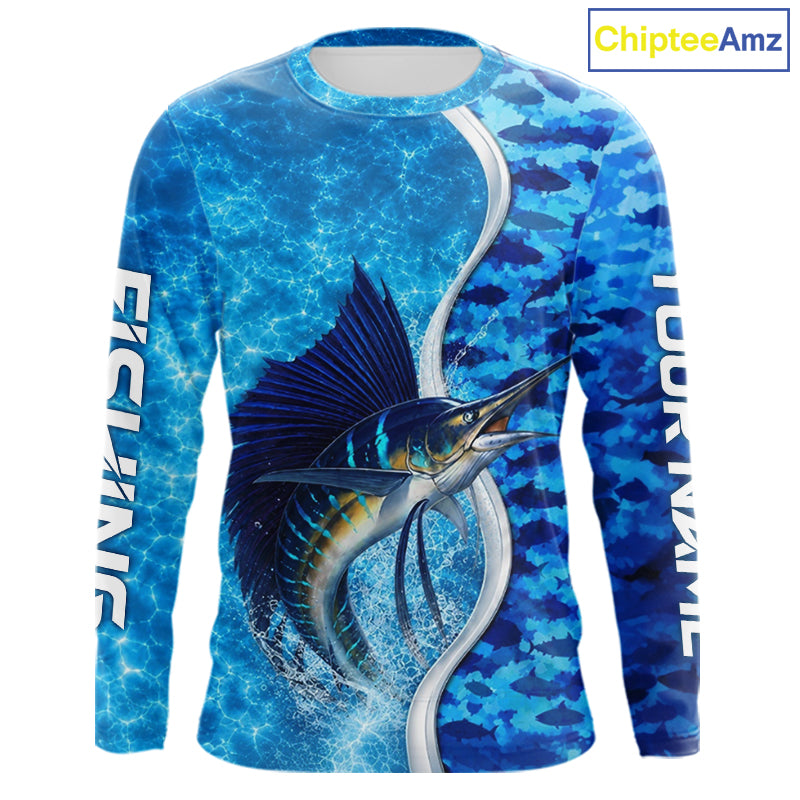 Front view of Sailfish fishing blue ocean camouflage performance long sleeve fishing shirt for team