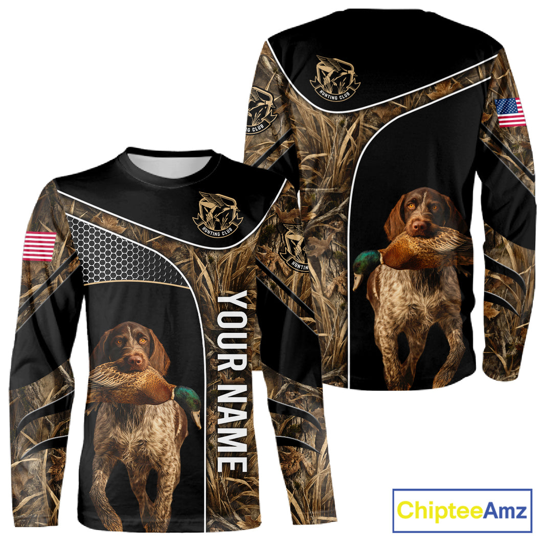 Duck Hunting with German Wirehaired Pointer Dog Camo Custom Name Shirts, Duck Hunting Shirts for Hunter NBT157