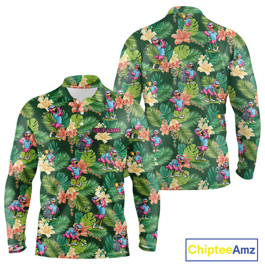 Funny Mens Golf Polo Shirt Custom Green Tropical Flower Flamingo Team Golf Shirts, Golf Gifts NBT660