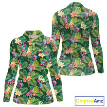 Load image into Gallery viewer, Funny Womens Golf Polo Shirt Custom Green Tropical Flower Flamingo Team Golf Shirts, Golf Gifts NBT660