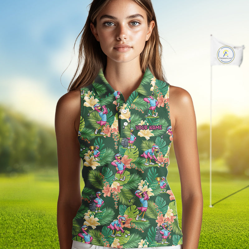 Funny Womens Sleeveless Golf Polo Shirt Custom Green Tropical Flower Flamingo Team Golf Shirts, Golf Gifts NBT660