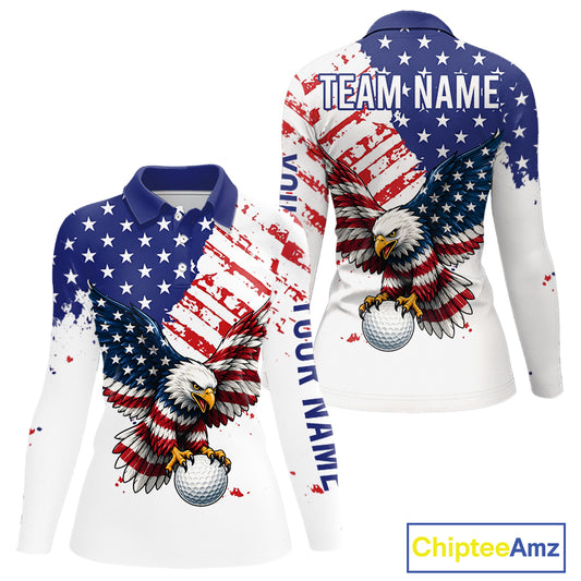 Golf shirt with American flag and eagle design, customizable with 'Team Name' text, on a white background.