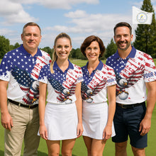 Load image into Gallery viewer, Four people wearing matching American flag-themed golf outfits on a golf course.