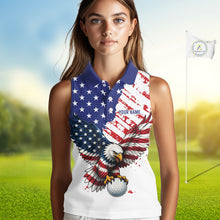 Load image into Gallery viewer, Person wearing a sleeveless polo shirt with an eagle and American flag design on a golf course.