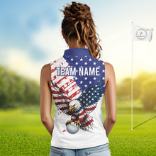 Load image into Gallery viewer, Woman wearing a sleeveless shirt with an eagle and golf ball design on a golf course.