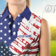 Load image into Gallery viewer, Person wearing a sleeveless shirt with American flag design and customizable text