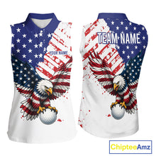 Load image into Gallery viewer, Sleeveless shirt with American flag design and eagle holding a golf ball, personalized with 'Your Name' and 'Team Name'.