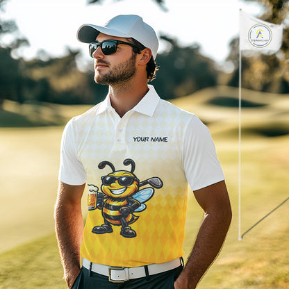Funny Bee Golf Polo Shirt For Men, Cute Bee With Beer Print Shirt, Sporty Animal Golf Gift|Yellow NBT663
