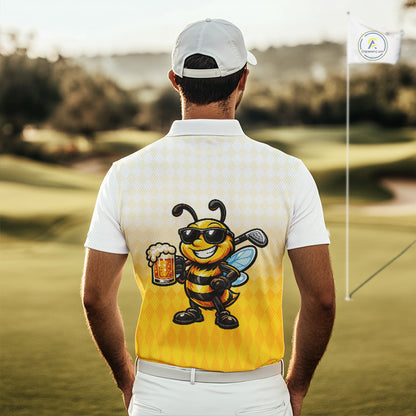 Funny Bee Golf Polo Shirt For Men, Cute Bee With Beer Print Shirt, Sporty Animal Golf Gift|Yellow NBT663