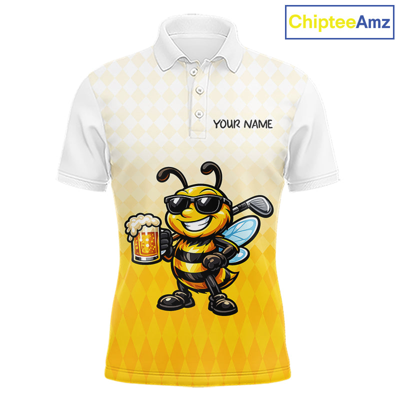 Funny Bee Golf Polo Shirt For Men, Cute Bee With Beer Print Shirt, Sporty Animal Golf Gift|Yellow NBT663