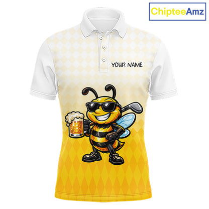 Funny Bee Golf Polo Shirt For Men, Cute Bee With Beer Print Shirt, Sporty Animal Golf Gift|Yellow NBT663
