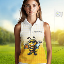 Load image into Gallery viewer, Funny Bee Sleeveless Golf Polo Shirt For Women, Cute Bee With Beer Print Shirt, Sporty Animal Golf Gift|Yellow NBT663