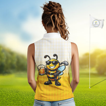 Funny Bee Sleeveless Golf Polo Shirt For Women, Cute Bee With Beer Print Shirt, Sporty Animal Golf Gift|Yellow NBT663