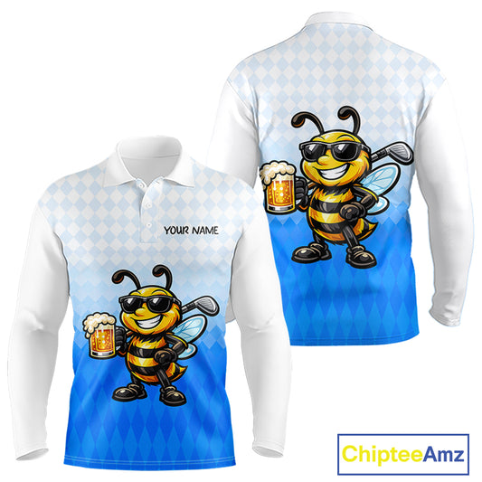 Funny Bee Golf Polo Shirt For Men, Cute Bee With Beer Print Shirt, Sporty Animal Golf Gift|Blue NBT664