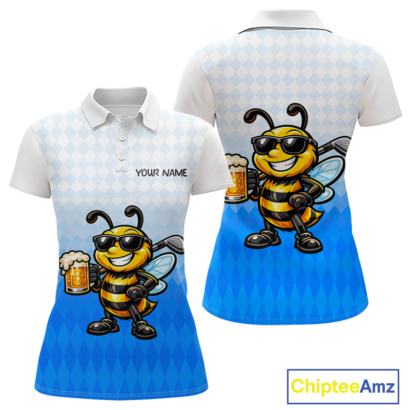 Funny Bee Golf Polo Shirt For Women, Cute Bee With Beer Print Shirt, Sporty Animal Golf Gift|Blue NBT664