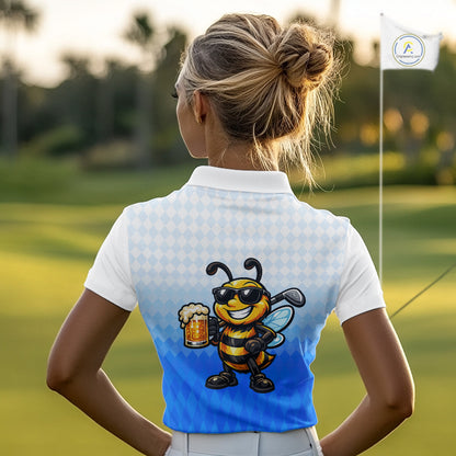 Funny Bee Golf Polo Shirt For Women, Cute Bee With Beer Print Shirt, Sporty Animal Golf Gift|Blue NBT664