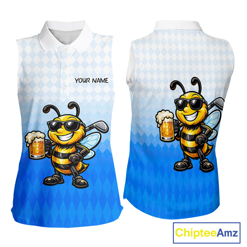 Funny Bee Sleeveless Golf Polo Shirt For Women, Cute Bee With Beer Print Shirt, Sporty Animal Golf Gift|Blue NBT664