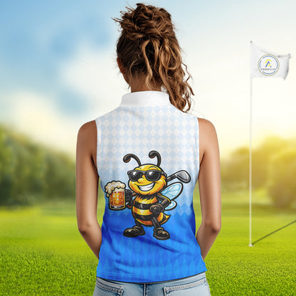 Funny Bee Sleeveless Golf Polo Shirt For Women, Cute Bee With Beer Print Shirt, Sporty Animal Golf Gift|Blue NBT664