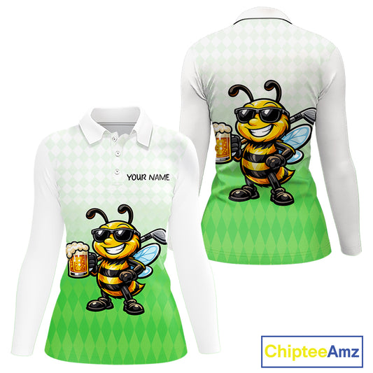 Funny Bee Golf Polo Shirt For Women, Cute Bee With Beer Print Shirt, Sporty Animal Golf Gift|Green NBT665