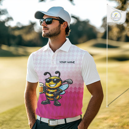 Funny Bee Golf Polo Shirt For Men, Cute Bee With Beer Print Shirt, Sporty Animal Golf Gift|Pink NBT666