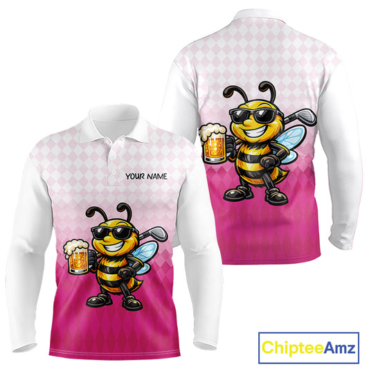 Funny Bee Golf Polo Shirt For Men, Cute Bee With Beer Print Shirt, Sporty Animal Golf Gift|Pink NBT666