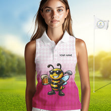 Load image into Gallery viewer, Funny Bee Sleeveless Golf Polo Shirt For Women, Cute Bee With Beer Print Shirt, Sporty Animal Golf Gift|Pink NBT666