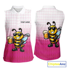 Load image into Gallery viewer, Funny Bee Sleeveless Golf Polo Shirt For Women, Cute Bee With Beer Print Shirt, Sporty Animal Golf Gift|Pink NBT666