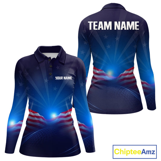 Long sleeve polo shirt with American flag design and customizable text