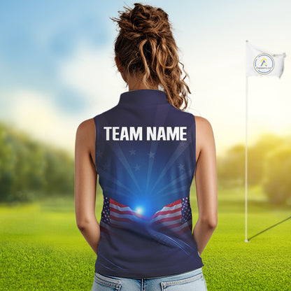 Person wearing a sleeveless shirt with 'TEAM NAME' on the back, standing on a golf course.