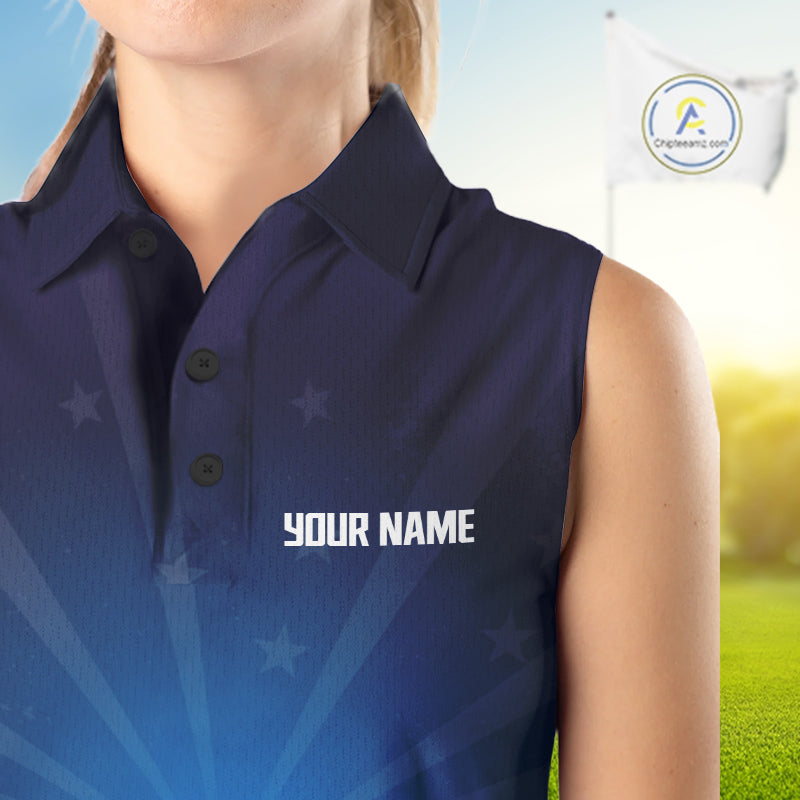Navy blue sleeveless polo shirt with 'YOUR NAME' text and breathable fabric