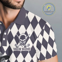 Load image into Gallery viewer, Close-up fabric of custom golf skull argyle pattern golf polo shirt with personalized name on the chest